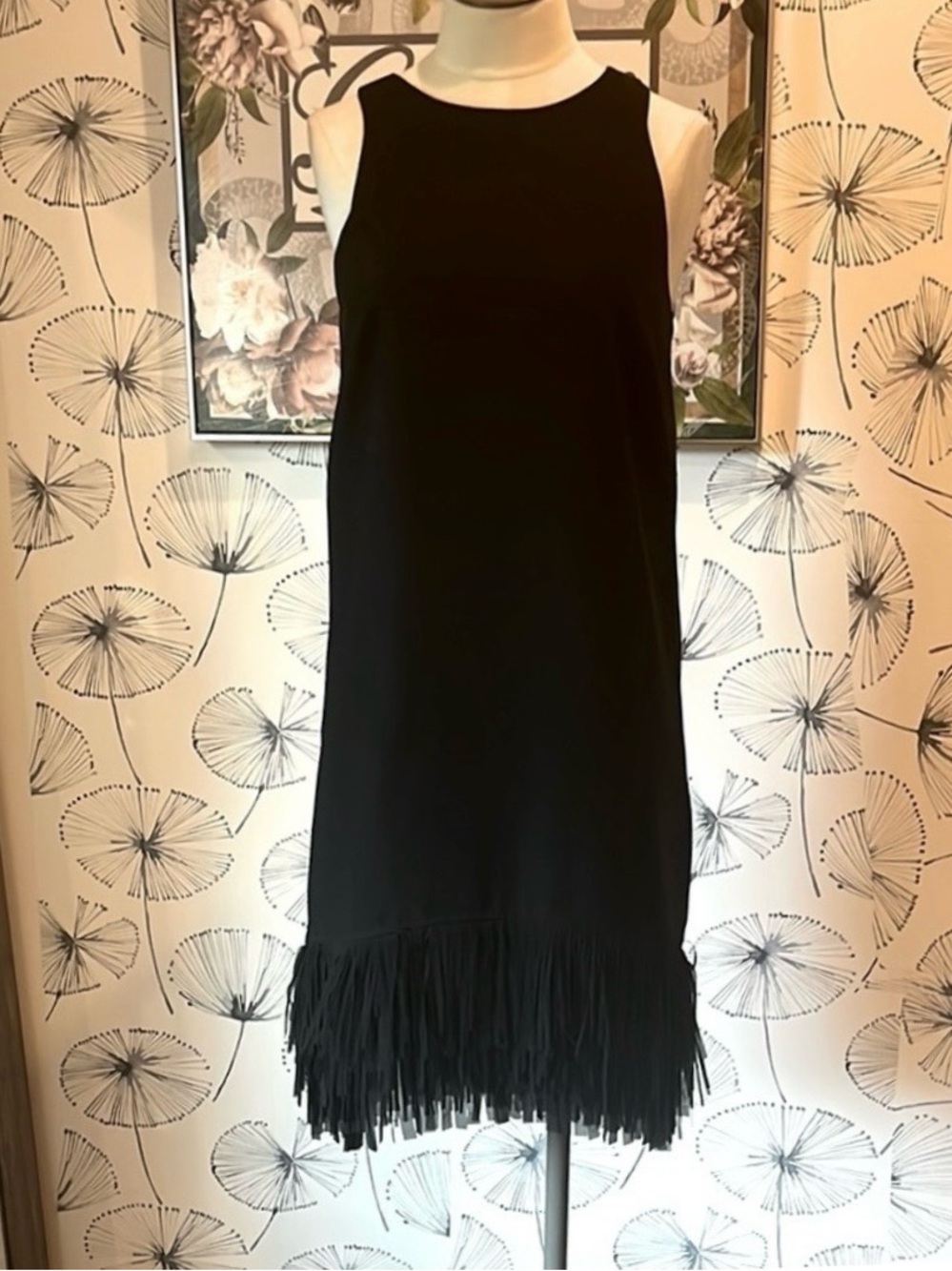 Vintage BANANA REPUBLIC Black Sleeveless SHIFT DRESS W/Fab Fringe Detail (2P)